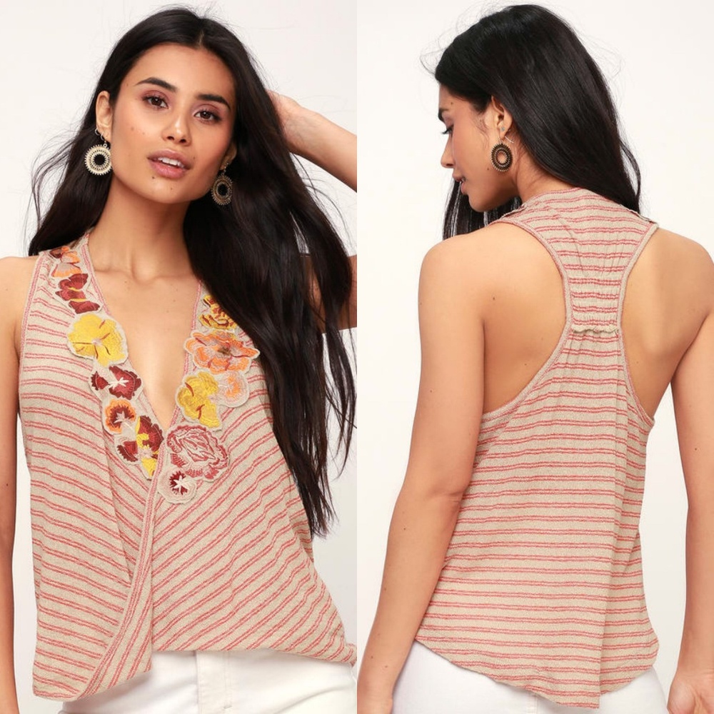Free People Pink Striped Embroidered V-Neck Tank